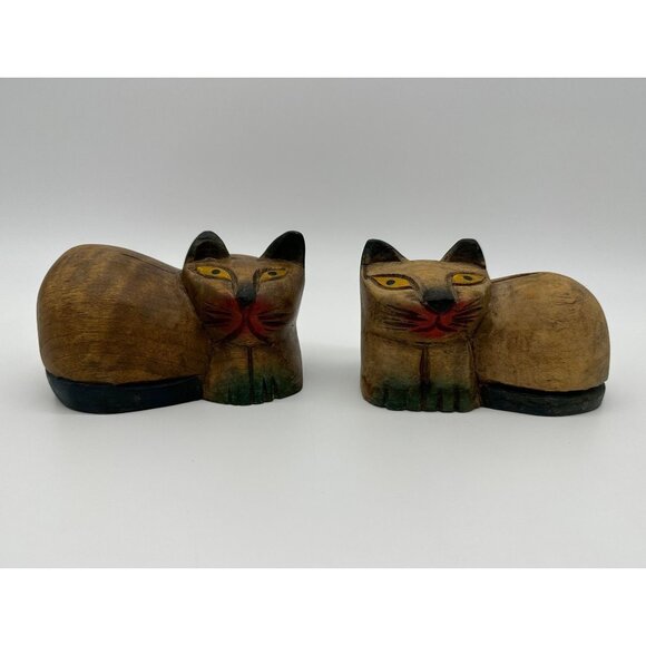 Vintage Handmade Carved Wood Cat Figurines Folk Art Kitschy Weirdos Retro - Picture 2 of 10